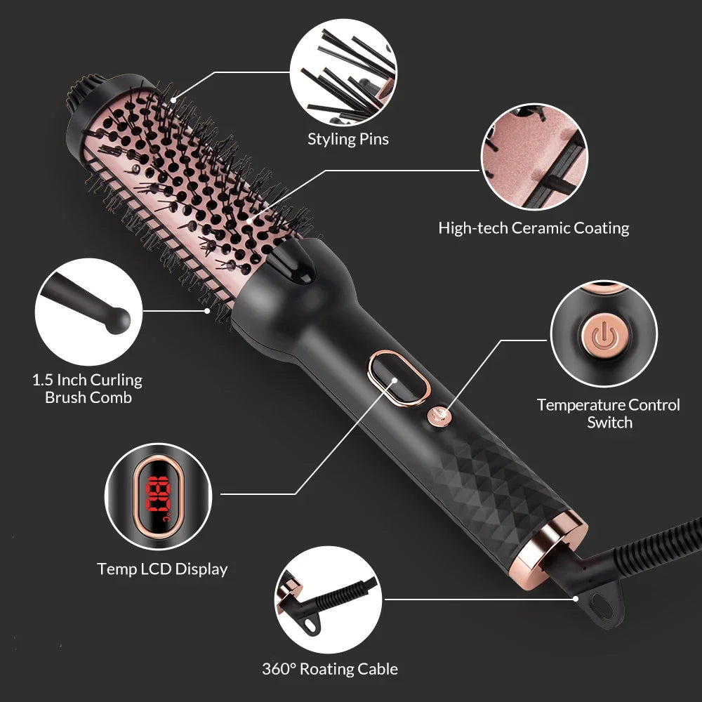 3 in 1 Thermal Curling Brush 1.5 Inch Volumizing Hot Iron Ionic Hair Straightener Travel-Friendly Styling Comb