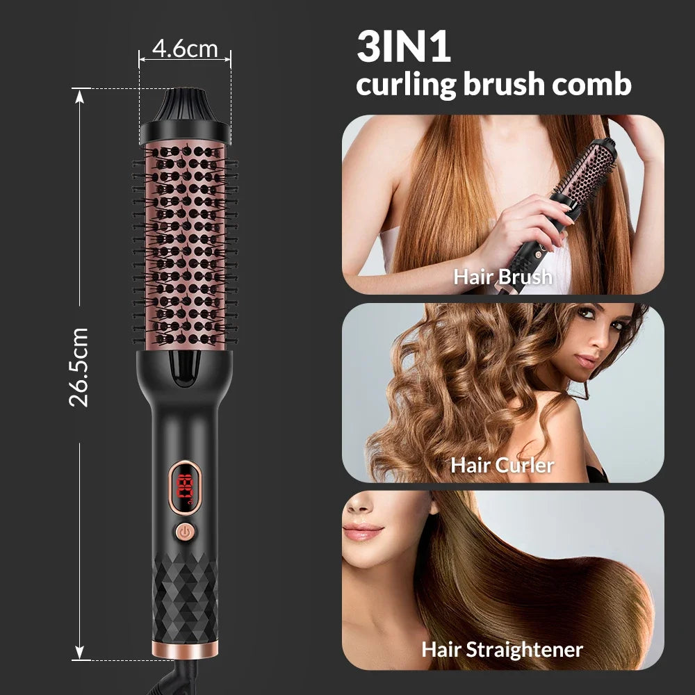 3 in 1 Thermal Curling Brush 1.5 Inch Volumizing Hot Iron Ionic Hair Straightener Travel-Friendly Styling Comb